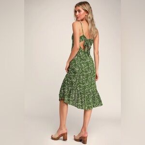 Lulus Missie Olive Green Floral Print Ruffled Tie-Back Midi Dress